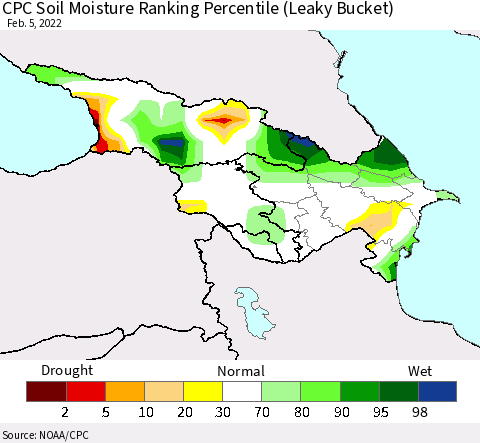 Azerbaijan, Armenia and Georgia CPC Soil Moisture Ranking Percentile (Leaky Bucket) Thematic Map For 2/1/2022 - 2/5/2022