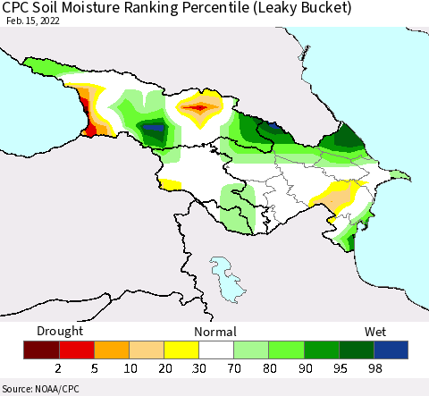 Azerbaijan, Armenia and Georgia CPC Soil Moisture Ranking Percentile (Leaky Bucket) Thematic Map For 2/11/2022 - 2/15/2022