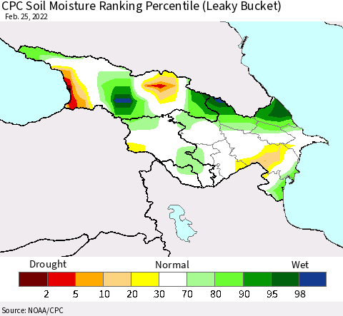 Azerbaijan, Armenia and Georgia CPC Soil Moisture Ranking Percentile (Leaky Bucket) Thematic Map For 2/21/2022 - 2/25/2022