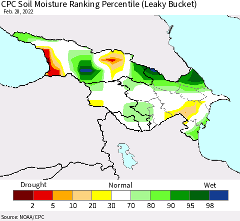 Azerbaijan, Armenia and Georgia CPC Soil Moisture Ranking Percentile (Leaky Bucket) Thematic Map For 2/26/2022 - 2/28/2022