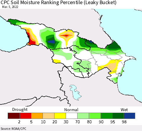 Azerbaijan, Armenia and Georgia CPC Soil Moisture Ranking Percentile (Leaky Bucket) Thematic Map For 3/1/2022 - 3/5/2022