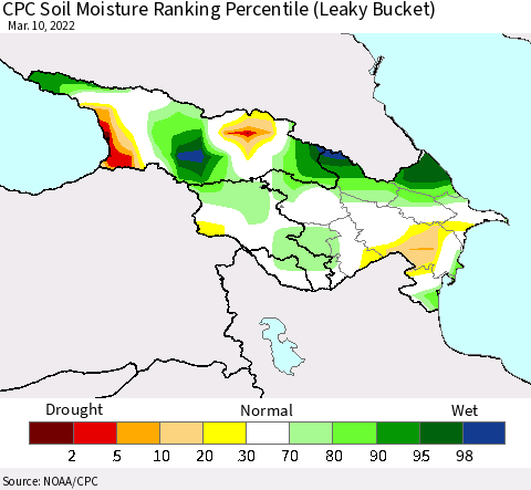 Azerbaijan, Armenia and Georgia CPC Soil Moisture Ranking Percentile (Leaky Bucket) Thematic Map For 3/6/2022 - 3/10/2022