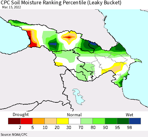 Azerbaijan, Armenia and Georgia CPC Soil Moisture Ranking Percentile (Leaky Bucket) Thematic Map For 3/11/2022 - 3/15/2022