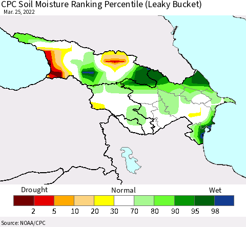 Azerbaijan, Armenia and Georgia CPC Soil Moisture Ranking Percentile (Leaky Bucket) Thematic Map For 3/21/2022 - 3/25/2022