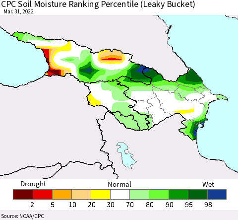 Azerbaijan, Armenia and Georgia CPC Soil Moisture Ranking Percentile (Leaky Bucket) Thematic Map For 3/26/2022 - 3/31/2022