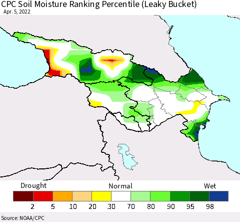 Azerbaijan, Armenia and Georgia CPC Soil Moisture Ranking Percentile (Leaky Bucket) Thematic Map For 4/1/2022 - 4/5/2022