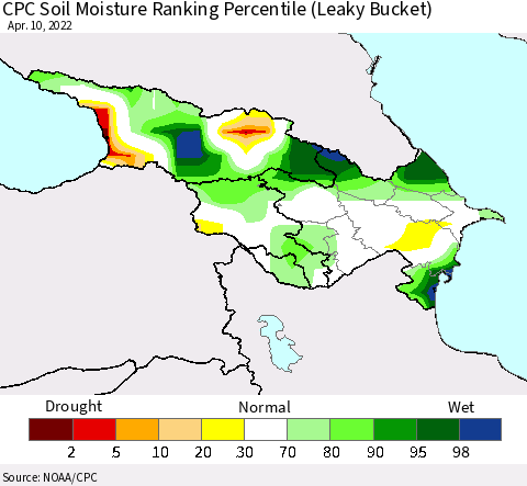 Azerbaijan, Armenia and Georgia CPC Soil Moisture Ranking Percentile (Leaky Bucket) Thematic Map For 4/6/2022 - 4/10/2022