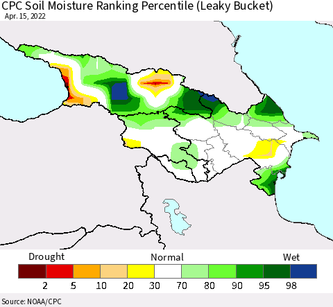 Azerbaijan, Armenia and Georgia CPC Soil Moisture Ranking Percentile (Leaky Bucket) Thematic Map For 4/11/2022 - 4/15/2022