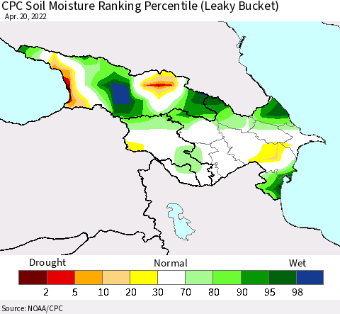 Azerbaijan, Armenia and Georgia CPC Soil Moisture Ranking Percentile (Leaky Bucket) Thematic Map For 4/16/2022 - 4/20/2022
