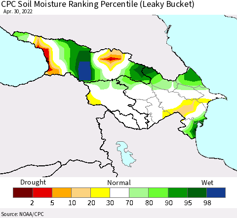 Azerbaijan, Armenia and Georgia CPC Soil Moisture Ranking Percentile (Leaky Bucket) Thematic Map For 4/26/2022 - 4/30/2022