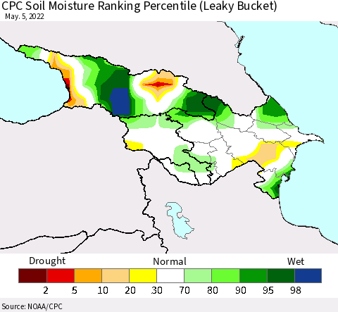 Azerbaijan, Armenia and Georgia CPC Soil Moisture Ranking Percentile (Leaky Bucket) Thematic Map For 5/1/2022 - 5/5/2022