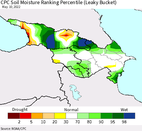 Azerbaijan, Armenia and Georgia CPC Soil Moisture Ranking Percentile (Leaky Bucket) Thematic Map For 5/6/2022 - 5/10/2022