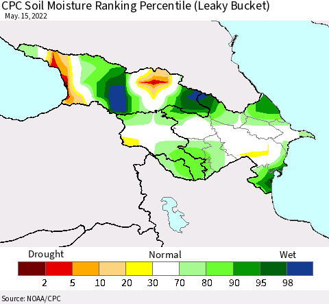 Azerbaijan, Armenia and Georgia CPC Soil Moisture Ranking Percentile (Leaky Bucket) Thematic Map For 5/11/2022 - 5/15/2022