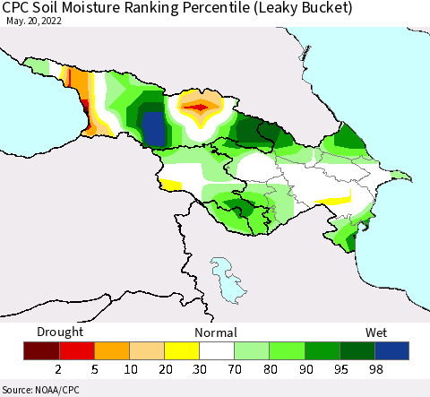 Azerbaijan, Armenia and Georgia CPC Soil Moisture Ranking Percentile (Leaky Bucket) Thematic Map For 5/16/2022 - 5/20/2022