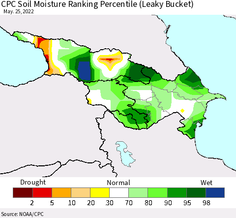 Azerbaijan, Armenia and Georgia CPC Soil Moisture Ranking Percentile (Leaky Bucket) Thematic Map For 5/21/2022 - 5/25/2022