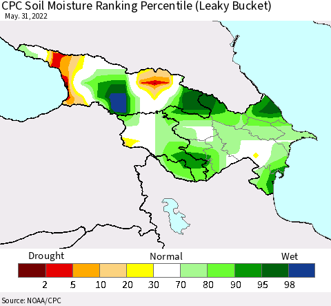Azerbaijan, Armenia and Georgia CPC Soil Moisture Ranking Percentile (Leaky Bucket) Thematic Map For 5/26/2022 - 5/31/2022