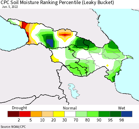 Azerbaijan, Armenia and Georgia CPC Soil Moisture Ranking Percentile (Leaky Bucket) Thematic Map For 6/1/2022 - 6/5/2022