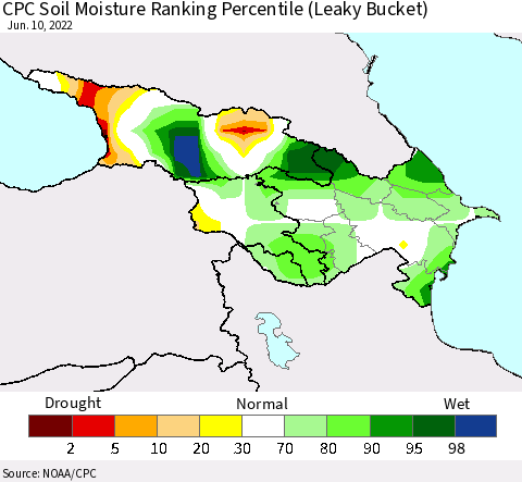 Azerbaijan, Armenia and Georgia CPC Soil Moisture Ranking Percentile (Leaky Bucket) Thematic Map For 6/6/2022 - 6/10/2022