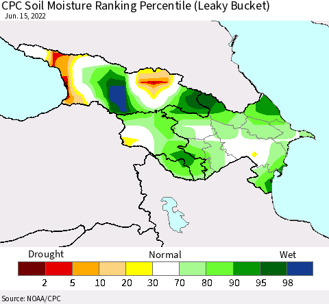 Azerbaijan, Armenia and Georgia CPC Soil Moisture Ranking Percentile (Leaky Bucket) Thematic Map For 6/11/2022 - 6/15/2022