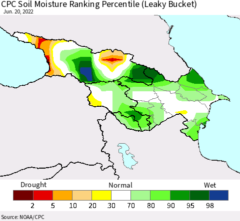 Azerbaijan, Armenia and Georgia CPC Soil Moisture Ranking Percentile (Leaky Bucket) Thematic Map For 6/16/2022 - 6/20/2022