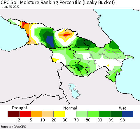 Azerbaijan, Armenia and Georgia CPC Soil Moisture Ranking Percentile (Leaky Bucket) Thematic Map For 6/21/2022 - 6/25/2022