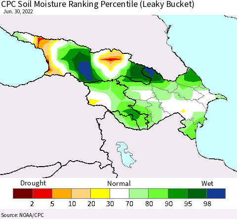 Azerbaijan, Armenia and Georgia CPC Soil Moisture Ranking Percentile (Leaky Bucket) Thematic Map For 6/26/2022 - 6/30/2022