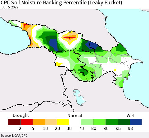 Azerbaijan, Armenia and Georgia CPC Soil Moisture Ranking Percentile (Leaky Bucket) Thematic Map For 7/1/2022 - 7/5/2022