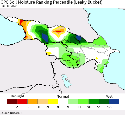 Azerbaijan, Armenia and Georgia CPC Soil Moisture Ranking Percentile (Leaky Bucket) Thematic Map For 7/6/2022 - 7/10/2022