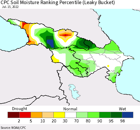 Azerbaijan, Armenia and Georgia CPC Soil Moisture Ranking Percentile (Leaky Bucket) Thematic Map For 7/11/2022 - 7/15/2022