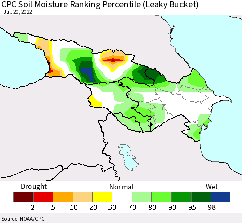 Azerbaijan, Armenia and Georgia CPC Soil Moisture Ranking Percentile (Leaky Bucket) Thematic Map For 7/16/2022 - 7/20/2022