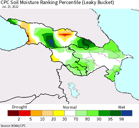 Azerbaijan, Armenia and Georgia CPC Soil Moisture Ranking Percentile (Leaky Bucket) Thematic Map For 7/21/2022 - 7/25/2022