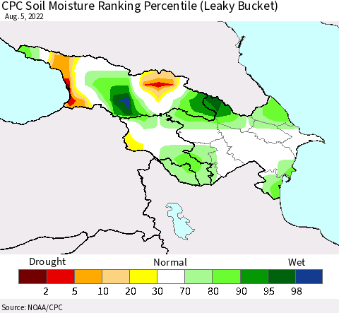 Azerbaijan, Armenia and Georgia CPC Soil Moisture Ranking Percentile (Leaky Bucket) Thematic Map For 8/1/2022 - 8/5/2022