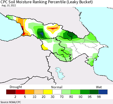 Azerbaijan, Armenia and Georgia CPC Soil Moisture Ranking Percentile (Leaky Bucket) Thematic Map For 8/6/2022 - 8/10/2022