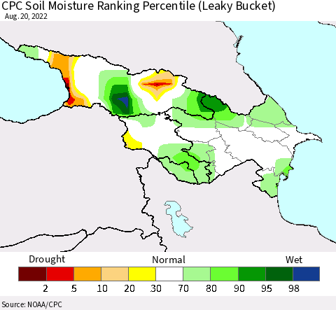 Azerbaijan, Armenia and Georgia CPC Soil Moisture Ranking Percentile (Leaky Bucket) Thematic Map For 8/16/2022 - 8/20/2022