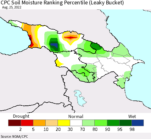 Azerbaijan, Armenia and Georgia CPC Soil Moisture Ranking Percentile (Leaky Bucket) Thematic Map For 8/21/2022 - 8/25/2022