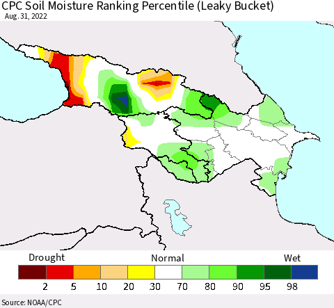 Azerbaijan, Armenia and Georgia CPC Soil Moisture Ranking Percentile (Leaky Bucket) Thematic Map For 8/26/2022 - 8/31/2022