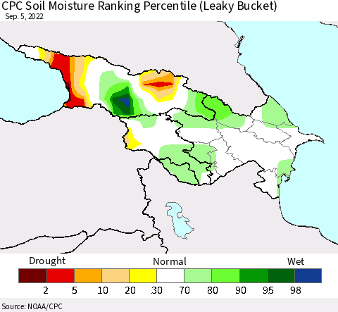 Azerbaijan, Armenia and Georgia CPC Soil Moisture Ranking Percentile (Leaky Bucket) Thematic Map For 9/1/2022 - 9/5/2022