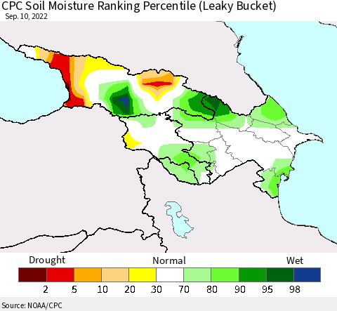 Azerbaijan, Armenia and Georgia CPC Soil Moisture Ranking Percentile (Leaky Bucket) Thematic Map For 9/6/2022 - 9/10/2022