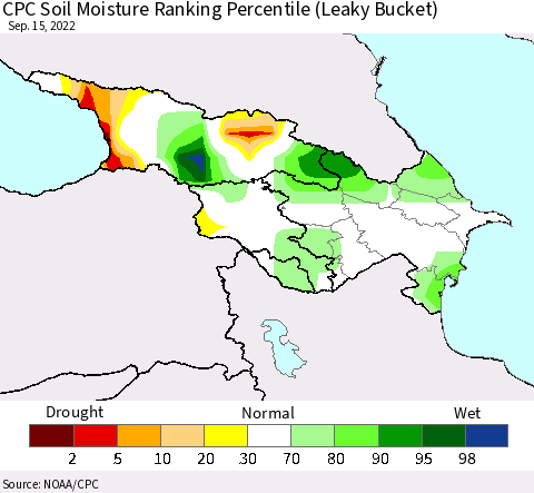 Azerbaijan, Armenia and Georgia CPC Soil Moisture Ranking Percentile (Leaky Bucket) Thematic Map For 9/11/2022 - 9/15/2022