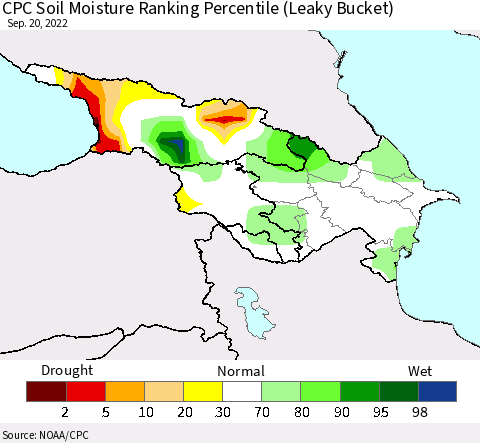 Azerbaijan, Armenia and Georgia CPC Soil Moisture Ranking Percentile (Leaky Bucket) Thematic Map For 9/16/2022 - 9/20/2022
