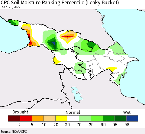 Azerbaijan, Armenia and Georgia CPC Soil Moisture Ranking Percentile (Leaky Bucket) Thematic Map For 9/21/2022 - 9/25/2022