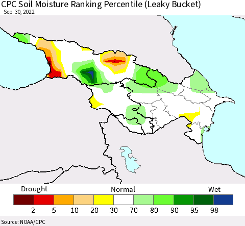 Azerbaijan, Armenia and Georgia CPC Soil Moisture Ranking Percentile (Leaky Bucket) Thematic Map For 9/26/2022 - 9/30/2022
