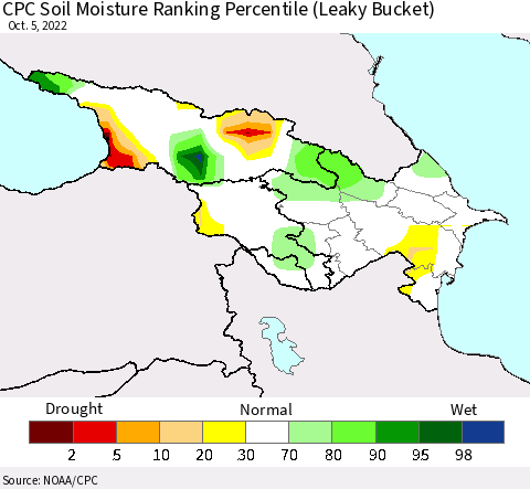 Azerbaijan, Armenia and Georgia CPC Soil Moisture Ranking Percentile (Leaky Bucket) Thematic Map For 10/1/2022 - 10/5/2022