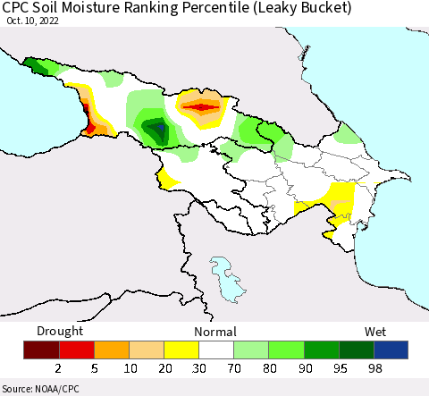 Azerbaijan, Armenia and Georgia CPC Soil Moisture Ranking Percentile (Leaky Bucket) Thematic Map For 10/6/2022 - 10/10/2022
