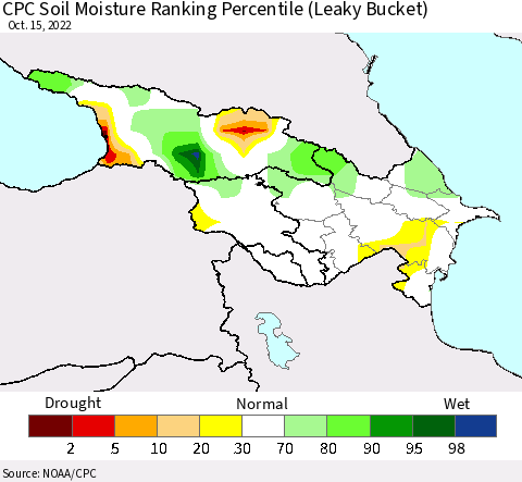 Azerbaijan, Armenia and Georgia CPC Soil Moisture Ranking Percentile (Leaky Bucket) Thematic Map For 10/11/2022 - 10/15/2022