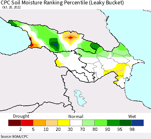 Azerbaijan, Armenia and Georgia CPC Soil Moisture Ranking Percentile (Leaky Bucket) Thematic Map For 10/16/2022 - 10/20/2022