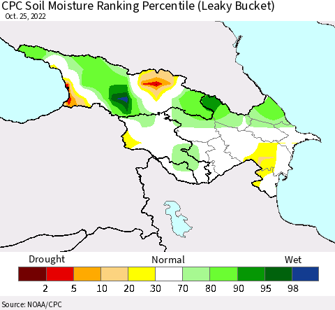 Azerbaijan, Armenia and Georgia CPC Soil Moisture Ranking Percentile (Leaky Bucket) Thematic Map For 10/21/2022 - 10/25/2022