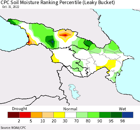 Azerbaijan, Armenia and Georgia CPC Soil Moisture Ranking Percentile (Leaky Bucket) Thematic Map For 10/26/2022 - 10/31/2022