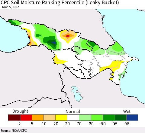Azerbaijan, Armenia and Georgia CPC Soil Moisture Ranking Percentile (Leaky Bucket) Thematic Map For 11/1/2022 - 11/5/2022