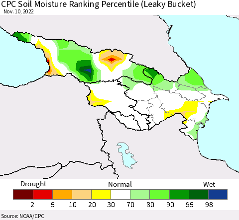 Azerbaijan, Armenia and Georgia CPC Soil Moisture Ranking Percentile (Leaky Bucket) Thematic Map For 11/6/2022 - 11/10/2022